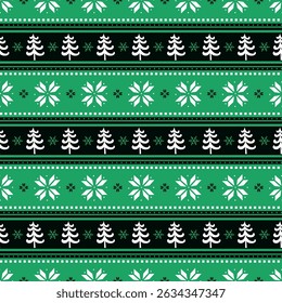 Striped Christmas Pattern with Fir Trees, Flowers. Seamless Print. Christmas Background with Winter Elements. Merry Christmas and Happy New Year Design. Vector illustration in Green, Black, White