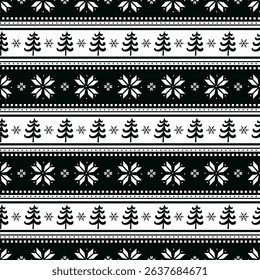 Striped Christmas Pattern with Fir Trees, Snowflakes, Flowers. Seamless Print. Christmas Background with Winter Elements. Merry Christmas and Happy New Year Design. Vector illustration in Black, White