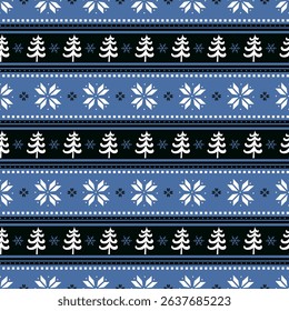 Striped Christmas Pattern with Fir Trees, Flowers. Seamless Print. Christmas Background with Winter Elements. Merry Christmas and Happy New Year Design. Vector illustration in Blue, Black, White
