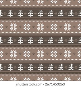 Gestreiftes Weihnachtsmuster mit Tannenbäumen, Blumen. Nahtloser Druck. Weihnachtshintergrund mit Winterelementen. Frohe Weihnachten und ein gutes neues Jahr Design. Vektorgrafik in Braun, Beige, Weiß