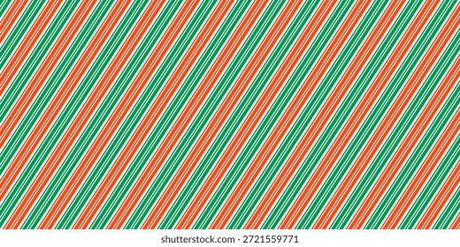 Striped Christmas seamless pattern. Red and green diagonal lines wallpaper. Xmas candy cane peppermint repeating background. Winter holiday present wrapping paper design. Vector decoration backdrop