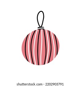 A striped Christmas tree toy in a simple flat style. Christmas tree toy isolated on a white background. Vector New Year's Christmas illustration.