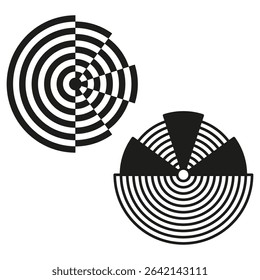 Striped circle icon. Black and white shape. Vector optical illusion. Geometric rotation symbol.