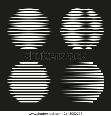 Striped circle icons. Horizontal line vector. Monochrome shape set. Optical design pattern.