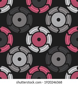 Striped circles. Polka dots seamless pattern. Mosaic of ethnic figures. Patterned texture. Geometric background. Vector illustration for web design or print.