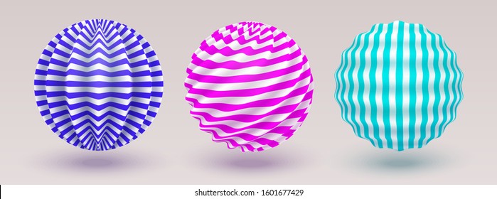 Striped circles set. Multi Colored decorative balls. Pattern with optical illusion. 3D vector illustration for advertising, marketing and presentation.