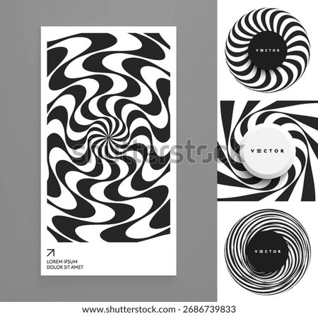 Striped circular figure. Geometric shape. 3D wavy pattern. Optical illusion. Torus. Rotation and swirling movement. Cover design template. Vector for brochure, presentation, flyer or banner.