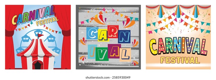 A striped circus tent, Ferris wheel, and colorful decorations. Multicolored text and decorative elements including flags and splashes.  Fun and festive depicting a carnival. 