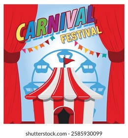 A striped circus tent, Ferris wheel, and colorful decorations. Represents fun, celebration, and carnival festivities for event advertisements and designs. Flat vector modern illustration 