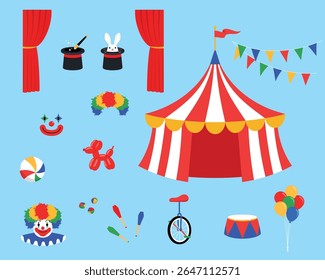 Striped Circus Tent, Red Curtain, Magician Hat and Wand, Rabbit in Hat, Colorful Bunting, Wig, Clown Face, Dog Balloon, Beach Ball, Funny Clown, Juggling Ball, Juggling Club, Unicycle, Stand, Balloon