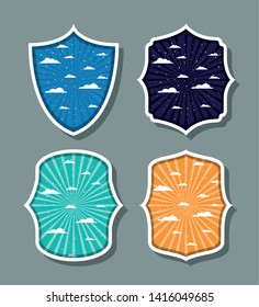 Striped and clouds design inside labels set vector illustration