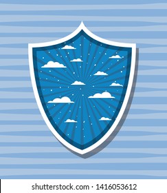Striped and clouds design inside shield  vector illustration