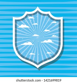 Striped and clouds design inside shield  vector illustration