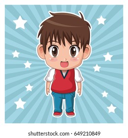 striped color background with stars and cute anime teennager expression surprise