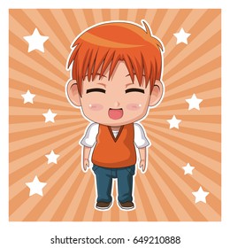 striped color background with stars and cute anime tennager facial expression laugther with eyes closed
