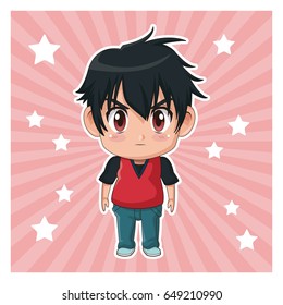 striped color background with stars and cute anime tennager facial expression angry