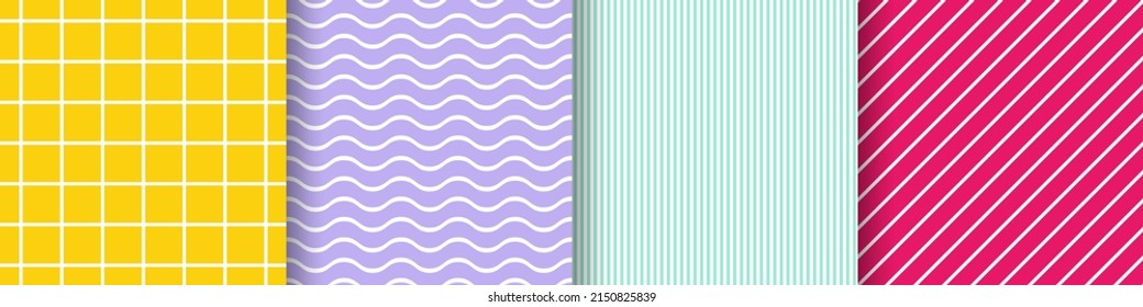 Conjunto de patrones sin costura de color a rayas. Tonos amarillos claros, rosas, menta, violetas con rayas blancas. Ondas geométricas, células, líneas diagonales, verticales. Ilustración vectorial para tejidos, papel tapiz