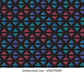 Striped color triangles of rhombus.  Isolated on black wide background. Vector minimalistic illustration.