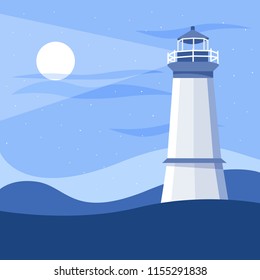 Striped colored lighthouse. Marine, sea and oceanic object. Building for studying the surroundings and coastal areas, lighting the way for ships. Vector illustration.