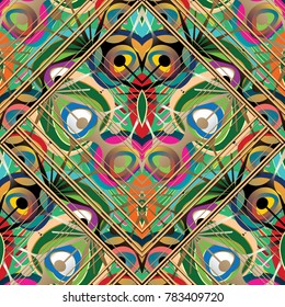 Striped colorful abstract seamless pattern. Vector multicolor geometric background wallpaper. Modern bright ornaments with multicolor shapes, figures, stripes, rhombus.