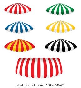 Striped colorful awnings set round shape for shops, cafes and street restaurants, isolated on white background.Vector cartoon illustration.
