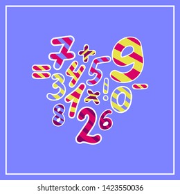 Striped colorful bright numbers in cartoon style from 0 to 9; minus, plus etc. 