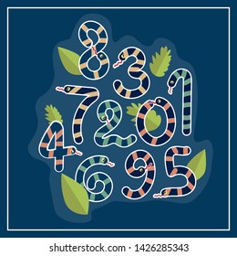 Striped colorful bright numbers in form of snakes in cartoon style from 0 to 9 with leaves on blue background. Creative funny collection