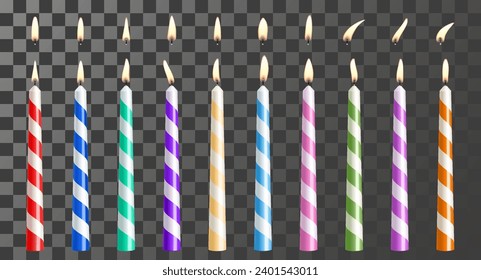 Striped colorful candles for birthday cake or pie. Holiday candles with burning flames, candlelight on wicks, celebration objects isolated on transparent background. 3d realistic vector illustration.