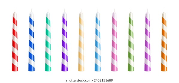 Striped colorful candles for birthday cake or pie. Holiday candles with burning flames, candlelight on wicks, celebration objects isolated on transparent background. 3d realistic vector illustration.