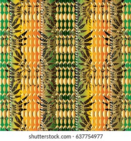 Striped  colorful geometric seamless pattern. Tribe  background with gold 3d zigzag ornaments, shapes, stripes, figures.Vector tribal  texture in memphis style. Perfect for fabric, prints.