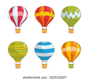 Striped colorful hot air balloons vector illustrations set. Transport for traveling on air isolated on white background. Transportation, relaxation, adventure concept