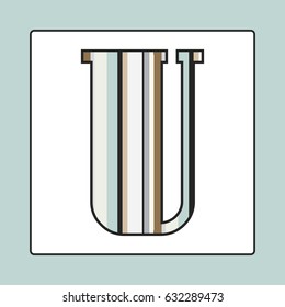 Striped colorful letter U isolated on white background. Elements for kids cards or alphabets in vintage or retro style.