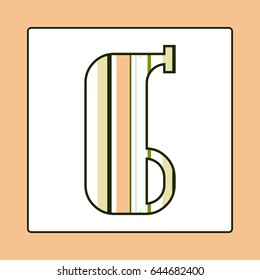 Striped colorful number six isolated on white background. Elements for kids cards or alphabets in vintage or retro style.