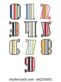 Striped colorful numbers isolated on white background. Elements for kids cards or alphabets in vintage or retro style. One, two, three, four, five, six, seven, eight, nine, zero