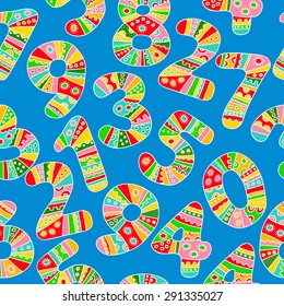 Striped colorful seamless pattern,  decorative numbers on blue background.