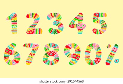 Striped colorful seamless pattern, decorative numbers on yellow background.