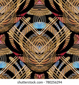 Striped colorful vector abstract seamless pattern. Floral vintage bright background with gold stripes, lines, radial circles, shapes, rhombus. Modern geometric ornaments. Ornate design for wallpapers