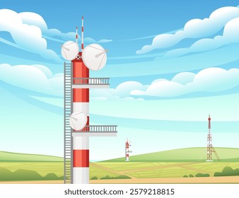 Striped communication tower fitted with satellite dishes. Broadcasting tower for signal transmission. Communication antenna structure. Telecom pylon. Vector illustration with rural landscape