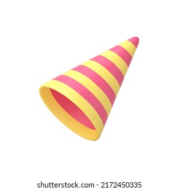 Striped cone hat birthday festive celebration headdress accessory realistic 3d icon vector illustration. Holiday event funny surprise costume yellow pink cap diagonally placed festival entertainment