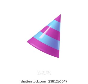 Striped cone hat birthday festive celebration headdress accessory. Realistic 3d icon vector illustration.