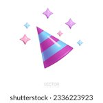 Striped cone hat with stars near, birthday festive celebration headdress accessory. Realistic 3d icon vector illustration. Holiday event funny surprise costume blue purple cap diagonally placed festiv