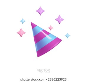 Striped cone hat with stars near, birthday festive celebration headdress accessory. Realistic 3d icon vector illustration. Holiday event funny surprise costume blue purple cap diagonally placed festiv