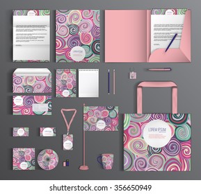 Striped corporate identity template design with colorful wavy lines. Business set stationery.