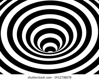 Striped crater on white background. Black stripes on modern circular geometric shape design vector illustration. Graphic optical illusion vortex effect.