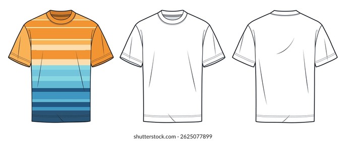Striped Crew Neck T-Shirt Technical Fashion Illustration. Tee Shirt fashion flat technical drawing template, relaxed fit, front and back view, white, yellow, blue, women, men, unisex Top CAD mockup.