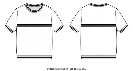 Striped Crew Neck T-Shirt Technical Fashion Illustration. Short-Sleeve Relaxed Fit Tee with Chest Stripe Detail Vector Template. Front and Back View. Unisex Casualwear. CAD Mockup set.