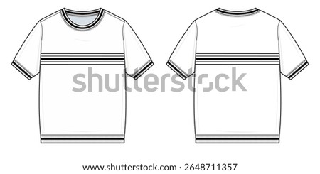 Striped Crew Neck T-Shirt Technical Fashion Illustration. Short-Sleeve Relaxed Fit Tee with Chest Stripe Detail Vector Template. Front and Back View. Unisex Casualwear. CAD Mockup set.