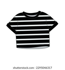 Striped cropped t-shirt sketch, vector. Hand drawn vector illustration of short sleeve t-shirt. Outline drawing of a black and white striped crop top.