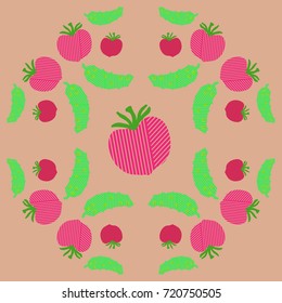 Striped cucumber, tomato pattern. Hand drawn.