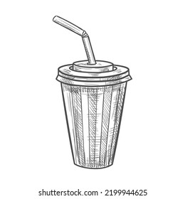 Striped cup of cola or soda isolated takeaway drink. Vector stripped glass of fizzy coca